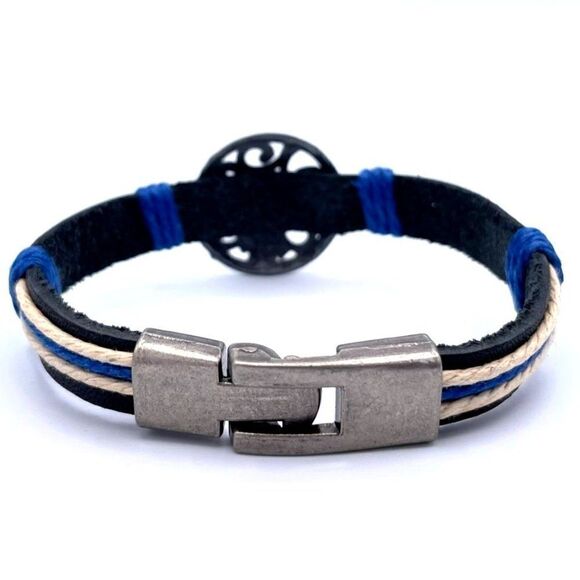 Black Faux Leather with Hemp Cord and Silver Hibiscus Boho Bracelet - Picture 3 of 8